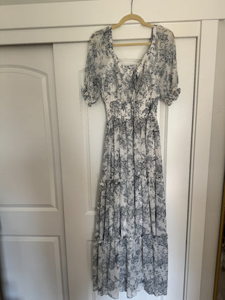Large - White and Blue Floral Dress|83218