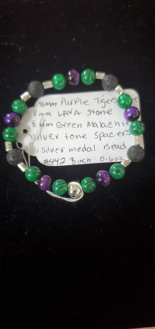 Bracelet #442 purple&green tigers eye, lava stone|51310