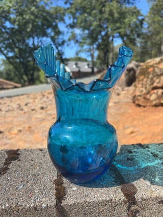 8” vintage Blenko Art Glass vase Azure Blue ruffled or crimped top edge