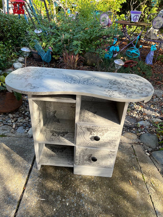 Vintage Solid Wood Kidney Table/Chest Custom Designed Gray Butterfly Table w/Drawers. RSV|128784