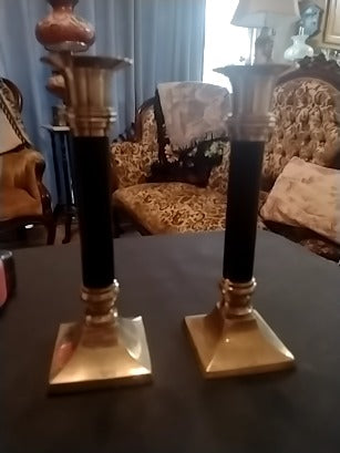 Pair of brass & black candle holders