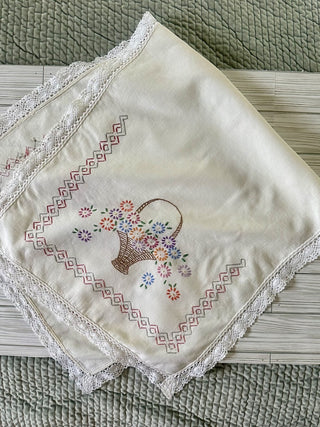 Embroidered Flower Basket Table Runner Vtg 19.5" x 42" RCD|64647