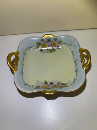 Handpainted Square Porcelain Trinket Dish with Gold Handles