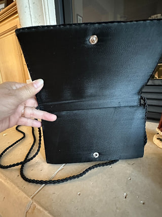 Vtg. 1950's Black Velvet Beaded Evening Bag, Gilt metal Jewels, blk strap RCD|75967