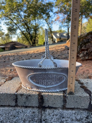 distressed white metal oval basket punch out details
