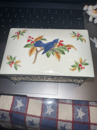 Lefton Blue Bird Metal Footed Trinket Box Floral Flowers Porcelain lid Japan #62 VV MTS