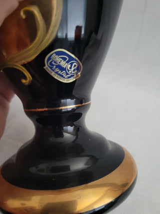Bohemian Black Crystal & Gold w/Applied Flowers Vase RCD|96282