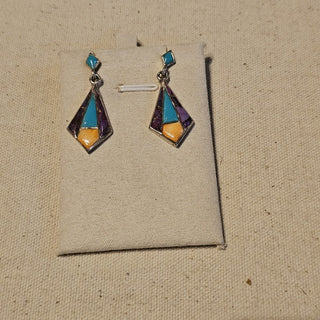 .925 inlaid purple mohave spiny oyster and turquoise signed dangle earrings