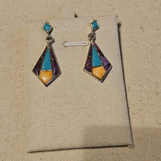 .925 inlaid purple mohave spiny oyster and turquoise signed dangle earrings