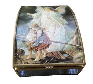 Enesco Glass / Brass Trinket box Guardian Angel Children on Bridge Blue Glass VV MTS