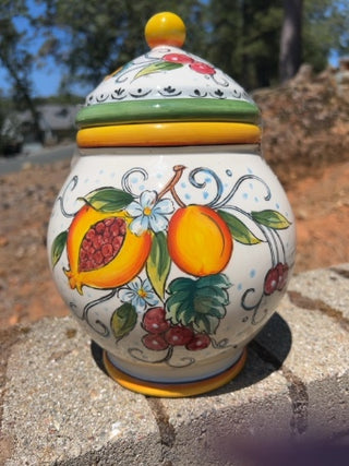 Ceramic cannister with lid and fruit hand painted by Fruitteria