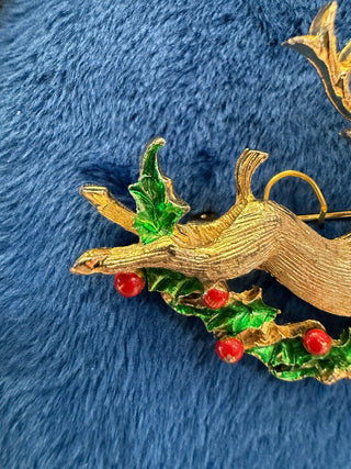 Vintage Christmas Brooch/Pin Gold Tone Rudolph Reindeer & Holly Signed Gerrys 2"|140313
