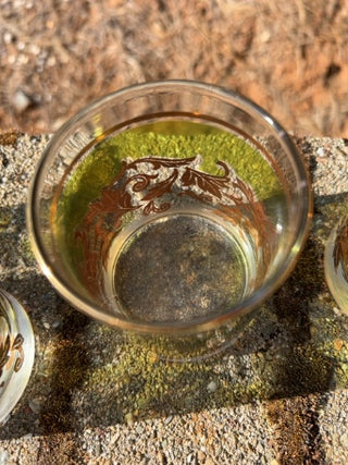 SET OF 5 Mid Century Neiman Marcus Barware Green & Gold Leaf Cocktail Rocks Glasses