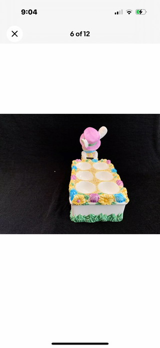#62 VV Vintage Figi Ceramic Easter Egg cup cart holder Display stand pulled by easter bunny|55239