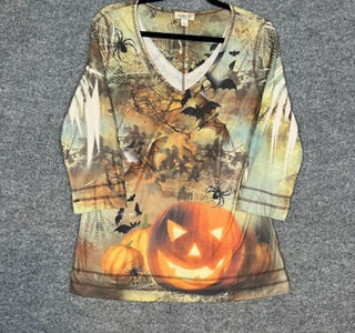 One World Shirt Womens Medium Halloween Shirt Multicolor pumpkin bats spooky  #63 VV MTS