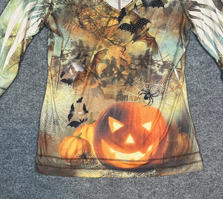One World Shirt Womens Medium Halloween Shirt Multicolor pumpkin bats spooky  #63 VV MTS