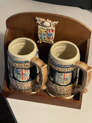 Vtg Eneco Set/2 Beer Steins w/ Wood Display Shelf--SP MTS