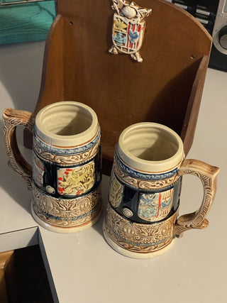 Vtg Eneco Set/2 Beer Steins w/ Wood Display Shelf--SP MTS
