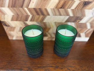 HANDMADE UPCYCLED CANDLE GREEN GLASSES W/BUBBLE DECOR SCENT WASSAIL