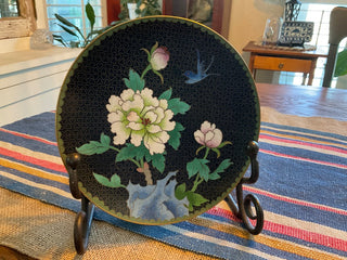 Vintage Cloisonne plate w Peony and blue bird 6 1/2” MTS