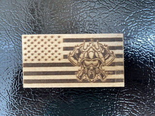 USA Flag with Fire Fighter Burning Mask Engraved Wood Magnet RCD