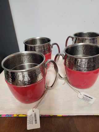 Vtg Hammered Moscow Mule Mugs Red & Silver Set of 4|54073