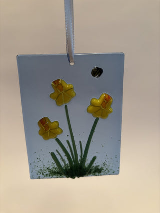 Fused Glass Sun Catcher Lt Blue with Daffodils 3" x 4" - AnoGlass|64453