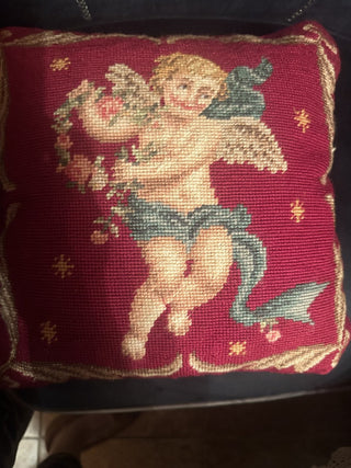 Vintage Wool Needlepoint Pillow Angel Cherub Wool / Velvet Back 12" X 12" #62 VV MTS