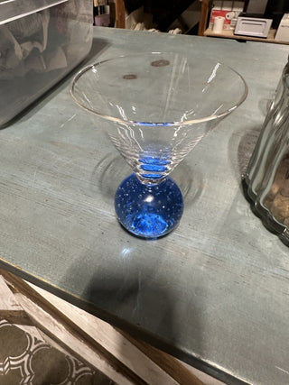 Vintage Blue Mid Century Modern bubble ball base Martini glass #62 VV MTS