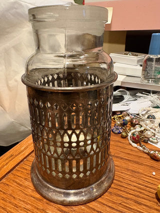Antique Cover Jar glass w/ornate, pierced silver plate metal holder 6"