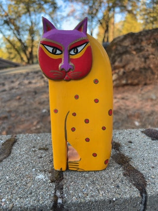 JP Indonesisn Carved Wooden Cat Vintage 1980's Hand Painted 8”