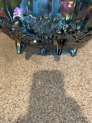 VTG Indiana Blue Glass Co. iridescent carnival glass fruit bowl