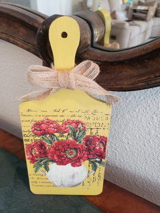 11 inch wooden chopping board, yellow with red flowers|96940