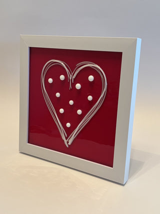Fused Glass White Polka Dot Heart on 6" Red Glass Background in White Frame - AnoGlass RSV|49622