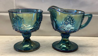 Vintage Indiana Harvest Grape Blue Purple Carnival Glass Cream Sugar Set|96228