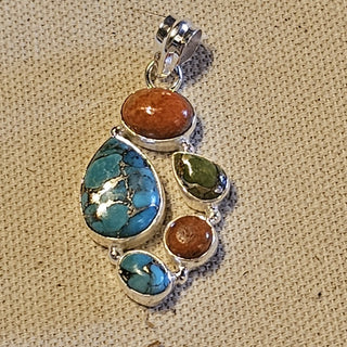 .925 5 stone  turquoise/ spiny oyster/  coral  pendant