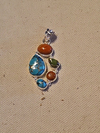 .925 5 stone  turquoise/ spiny oyster/  coral  pendant
