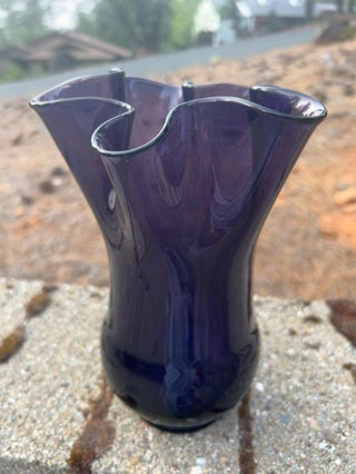 8.5” Wavy Amethyst Art Glass Hand Blown Handkerchief Vase