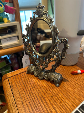 Vtg. Ornate Metal Stand-up Mirror, "Italy" on back, 7.5" RCD|75945