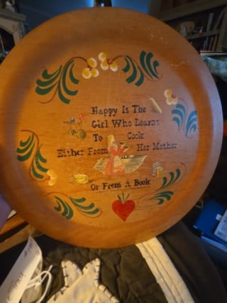 Vintage Woodcroftery Hand Painted Decorative Plate Wood Sign 1950s Folk Art