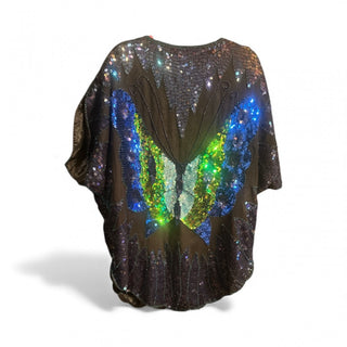 Vintage Sequin Butterfly Silk Blouse party top Size XL #63 VV MTS|141055