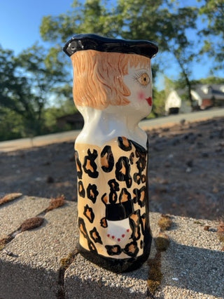 Susan Paley Francis Hand Painted Lady Leopard Sweater Vase Bella Casa Ganz 10"