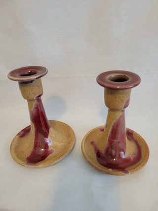 Studio Pottery Pair Tan & Burgundy Candle Holders RCD|106228