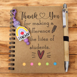 Notebook w/Matching Pen & Beaded Keychain/Bag Tag attachement 4.09"x5.31" Teacher Rainbow RSV|71114