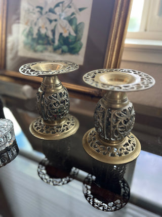Pair of 2 brass filigree candle holders.|74423