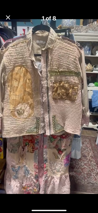 Linen  patchwork  lace and trim light Weight coat size large 3/4 length sleeve tan color combination an angel patch on the inside
