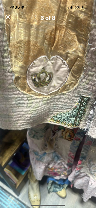 Linen  patchwork  lace and trim light Weight coat size large 3/4 length sleeve tan color combination an angel patch on the inside