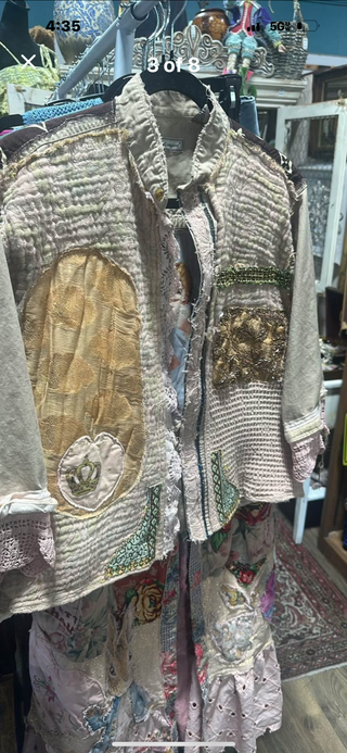 Linen  patchwork  lace and trim light Weight coat size large 3/4 length sleeve tan color combination an angel patch on the inside