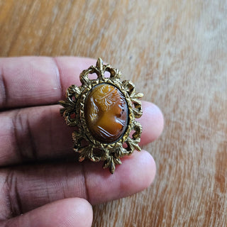 bri.craftique - Gold tone Amber Glass Cameo Brooch/Pin (BRI) - MTS|131895