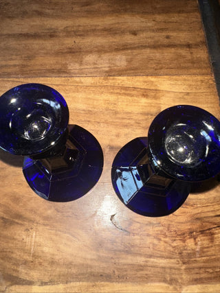 Vintage Cobalt Blue Glass Candlestick Pair Candle Hexagone Style #63 VV MTS|133707